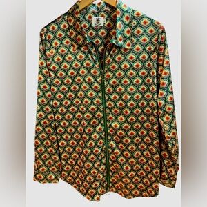 Vintage-Inspired Satin Double Zip Shirt – Bohemian Retro Print NWOT